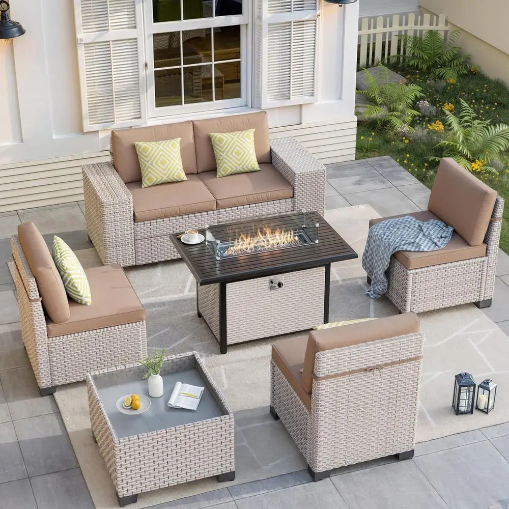 Outdoor Furniture With Fire Pit Table - 7-местный комплект садовой мебели с костровой