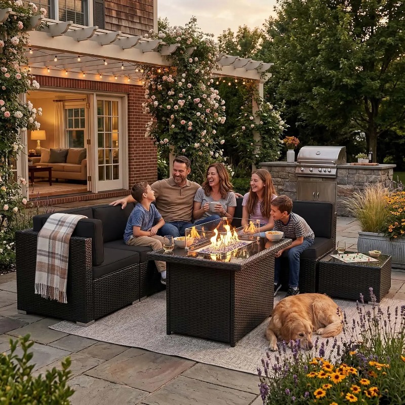8-местный комплект плетеной ме – обзор и цена Outdoor Furniture With Fire Pit Table